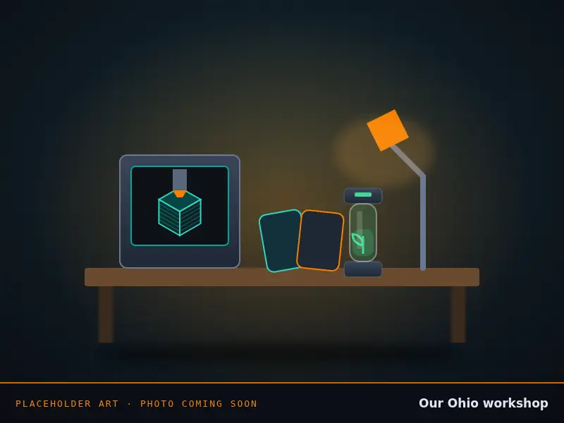 Placeholder art of a maker’s workbench with a 3D printer, cards and a lamp. Real photo coming soon.
